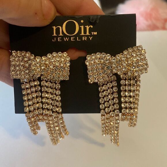 Noir Rhinestone Bow Dangling Earrings New Formal Prom - Picture 2 of 6